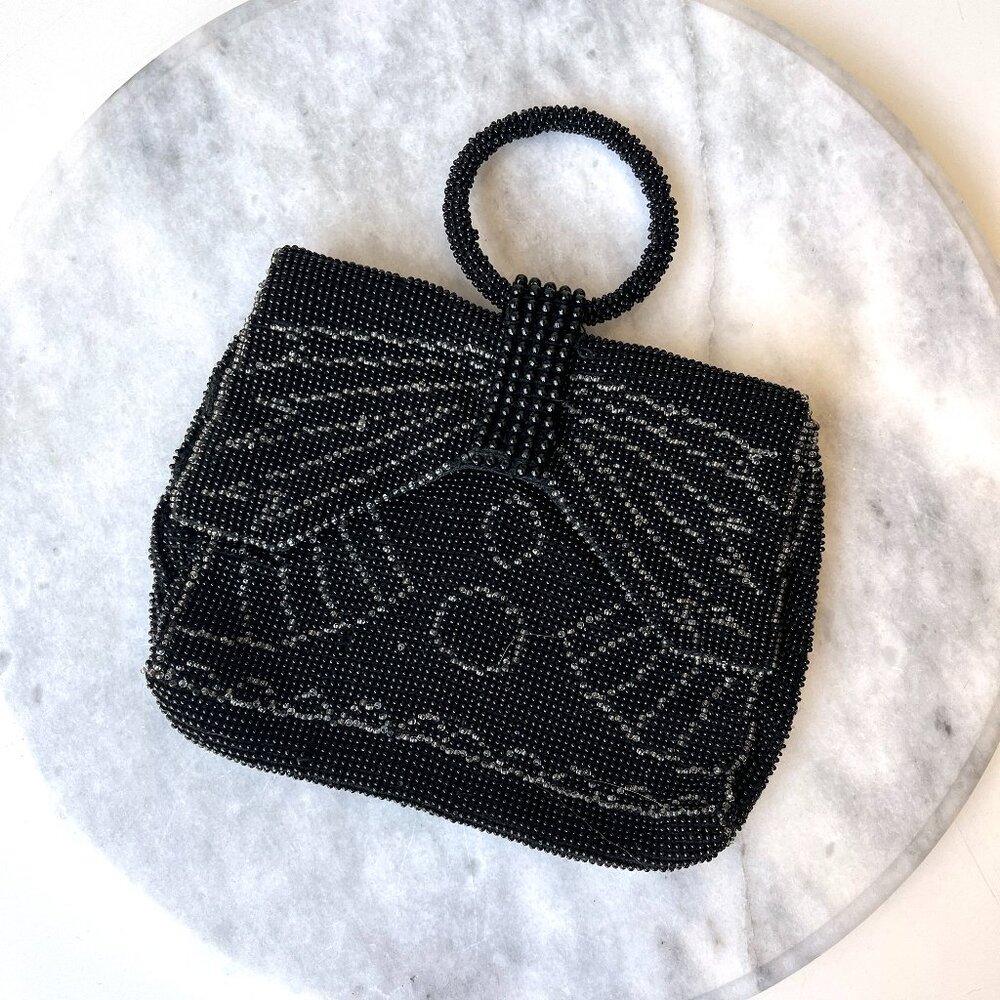 Antique Czechoslovakia Art Deco Black Seed Bead Petite Evening Handbag Purse